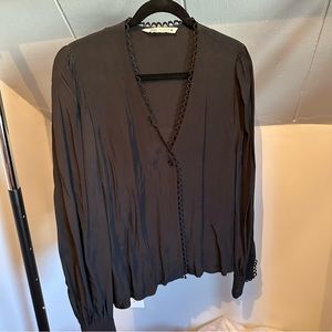 Zara Black V-Neck Long Sleeve Blouse with Scallop Trim